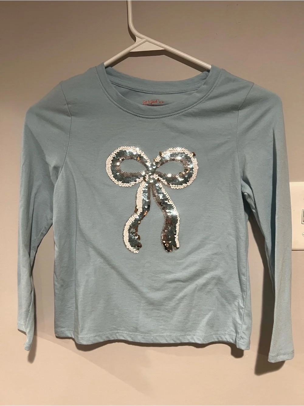 Light Blue Sequin Bow Long-Sleeve girls Top, Size: M (8)